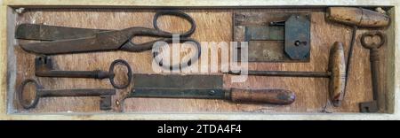 Drawer with obsolete tools inside Stock Photo