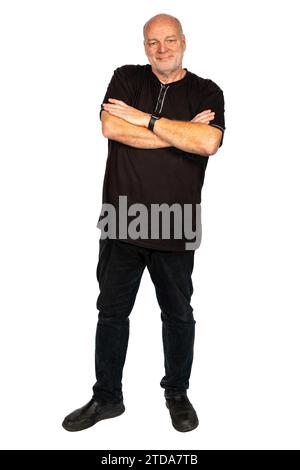 Mature 58-Year-Old Caucasian Man in Stylish Black Attire on White Background Stock Photo
