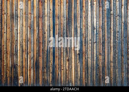 Grey barn wooden wall planking texture. hardwood dark weathered timber surface. old solid wood slats rustic shabby gray background. grunge faded wood Stock Photo