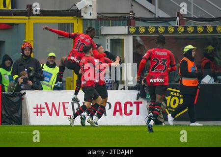 Milan, Italy. 17 Dec, 2023. Jan-Carlo Simic  celebrates the goal with the mates, during AC Milan v Ac Monza, Serie A, at Giuseppe Meazza Stadium. Credit: Alessio Morgese/Alessio Morgese / Emage / Alamy live news Stock Photo