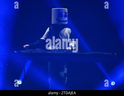 SUNRISE, FL- DECEMBER 16: Marshmello performs during iHeartRadio Y100 s Jingle Ball 2023 at Amerant Bank Arena on December 16, 2023 in Sunrise, Florida. Copyright: xmpi04x Stock Photo