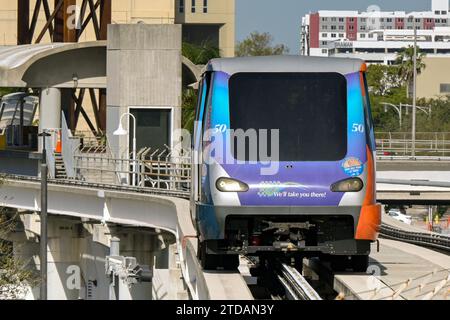 Miami, Florida, USA - 5 December 2023: Train on the city's Metromover driverless light railway transit system. It is free to ride. Stock Photo