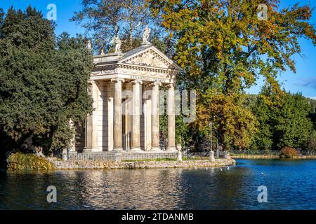 Temple of Aesculapius ancient building view at the lake of Villa Borghese in Rome Italy Stock Photo