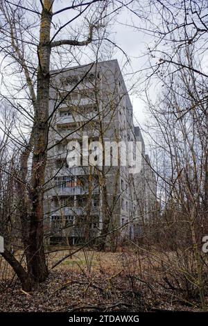 ruins of a very heavily polluted place, known as one of the most polluted towns in Europe. Abandoned building in Pripyat. Old buildings in the Chernob Stock Photo