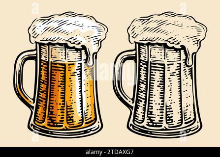 Glass mug full of beer with foam. Hand drawn vector illustration Stock Vector