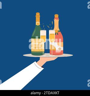 Waiter hold champagne bottles with glasses. Sparkling wine on tray, Happy New year celebrating. Anniversary or birthday party with alcoholic drinks Stock Vector