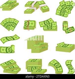 Cartoon cash money. Green dollars abundance in fan, piles and stacks. Financial and banking elements. Isolated banknotes, neoteric currency vector set Stock Vector