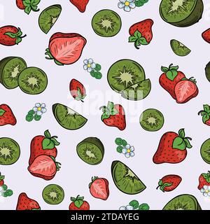 Bright vector seamless pattern for gift paper with strawberry and kiwi on light background Stock Vector