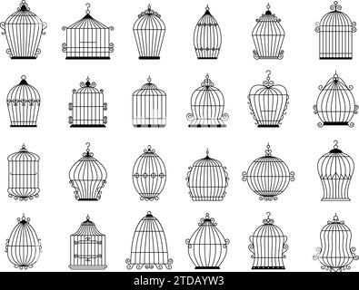 Cage for birds. Vector silhouettes collection of cage for birds canary recent illustrations template Stock Vector