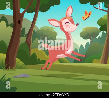 Little deer. Wild funny animal outdoor playing with colored butterfly Vector cartoon background Stock Vector