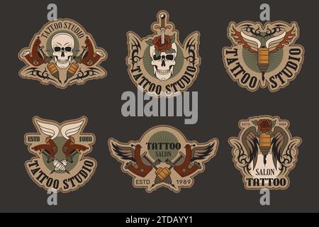 Tattoo badges. Art symbols for tattoo salon logo with place for text recent vector templates set Stock Vector