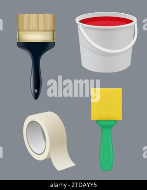 Painting tools. Brushes paints rollers for artists decent vector realistic collection Stock Vector