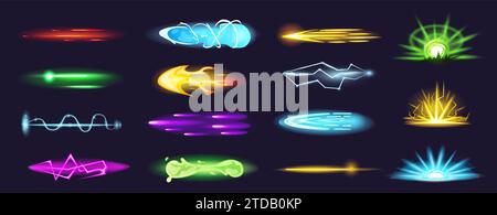 Cartoon gun shooting effects. Plasma explosion and laser rays, bright electric lightning and neon flames. Game shoot effect nowaday vector set Stock Vector
