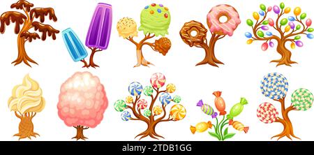 Fantasy candy sweets. Magic sweet world building element, chocolate tree caramel mushroom sugar lollipop flower cartoon confectionery fairytale dessert neoteric vector illustration of candy fantasy Stock Vector