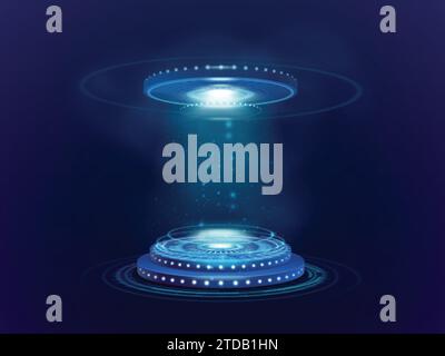 Hud podium. 3d futuristic stand lab, future technology virtual interface neon cyber tech magic show, studio platform with laser hologram game cybernetics, vector illustration of futuristic hud podium Stock Vector