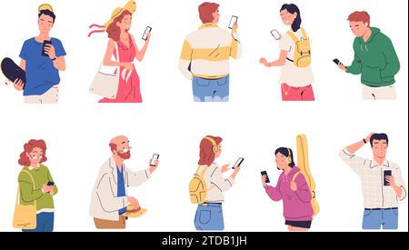 Characters looking smartphone. Happy people person mobile smart phone, human using cell phones hold device online internet surf, read or texting message, vector illustration of smartphone texting Stock Vector