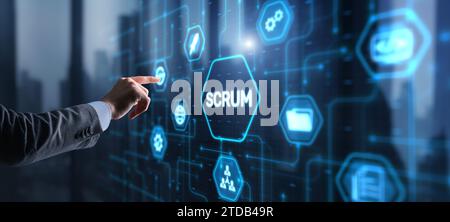 Businessman presses a button Scrum process software development outline concept. Stock Photo