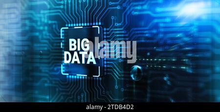 Big data on server racks background. 3d Electronic Circuit Board Chip. Stock Photo