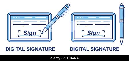 Digital electronic signature, online hand signing business document with writing pen icon. E-signature on mobile phone, tablet device screen. Vector Stock Vector