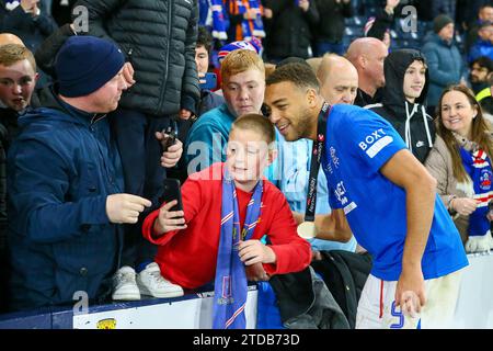 Glasgow, UK. 17th Dec, 2023. In the final of the 2023/2024 Viaplay Cup football competition, Rangers played Aberdeen at Hampden Park, the Scottish FA National Stadium. Rangers won 1 - 0, with the winning goal being scored by James Tavernier, (Rangers 2) the Rangers Captain, with an assist by Borna Barisic, (Rangers 31) in 78 minutes. Credit: Findlay/Alamy Live News Stock Photo