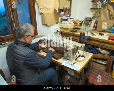 The tailor sews a velvet jacket, Tuscan artisan tailoring, high fashion, Castagneto Carducci, Tuscany, Italy Stock Photo