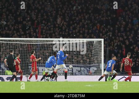 Glasgow, UK. 17th Dec, 2023. In the final of the 2023/2024 Viaplay Cup football competition, Rangers played Aberdeen at Hampden Park, the Scottish FA National Stadium. Rangers won 1 - 0, with the winning goal being scored by James Tavernier, (Rangers 2) the Rangers Captain, with an assist by Borna Barisic, (Rangers 31) in 78 minutes. Credit: Findlay/Alamy Live News Stock Photo