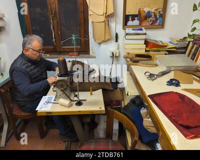 The tailor sews a velvet jacket, Tuscan artisan tailoring, high fashion, Castagneto Carducci, Tuscany, Italy Stock Photo