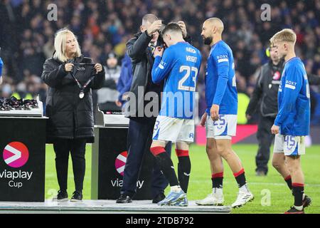 Glasgow, UK. 17th Dec, 2023. In the final of the 2023/2024 Viaplay Cup football competition, Rangers played Aberdeen at Hampden Park, the Scottish FA National Stadium. Rangers won 1 - 0, with the winning goal being scored by James Tavernier, (Rangers 2) the Rangers Captain, with an assist by Borna Barisic, (Rangers 31) in 78 minutes. Credit: Findlay/Alamy Live News Stock Photo