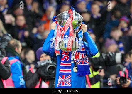 Glasgow, UK. 17th Dec, 2023. In the final of the 2023/2024 Viaplay Cup football competition, Rangers played Aberdeen at Hampden Park, the Scottish FA National Stadium. Rangers won 1 - 0, with the winning goal being scored by James Tavernier, (Rangers 2) the Rangers Captain, with an assist by Borna Barisic, (Rangers 31) in 78 minutes. Credit: Findlay/Alamy Live News Stock Photo