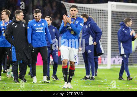 Glasgow, UK. 17th Dec, 2023. In the final of the 2023/2024 Viaplay Cup football competition, Rangers played Aberdeen at Hampden Park, the Scottish FA National Stadium. Rangers won 1 - 0, with the winning goal being scored by James Tavernier, (Rangers 2) the Rangers Captain, with an assist by Borna Barisic, (Rangers 31) in 78 minutes. Credit: Findlay/Alamy Live News Stock Photo