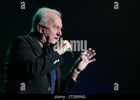 The singer Víctor Manuel performs during the end of tour concert at the Wizcenter in Madrid. December 17, 2023 Spain Stock Photo