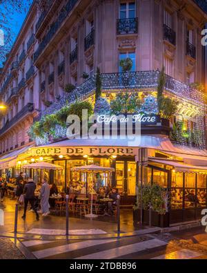 Paris, France - December 10, 2023: The Cafe de Flore restaurant in Saint Germain des Pres during Christmas period in Paris. Stock Photo