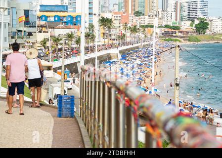 Salvador, Bahia, Brazil - January 05, 2022: People are seen on the Faro da Barra beach in the city of Salvador, Bahia. Stock Photo