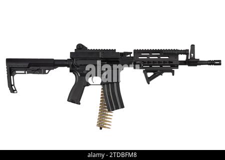 Carbine with belt-fed upper receiver that convert AR-15 or M16 from a standard, magazine rifle to light machine gun. Isolated on a white background Stock Photo