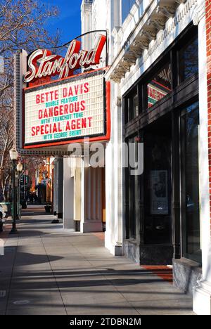 A movie theater in downtown Palo Alto features classic Hollywood films on their marquee Stock Photo