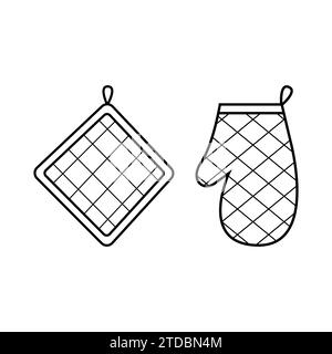 Kitchen oven mitt and potholder. Isolated vector illustration in linear style. Stock Vector
