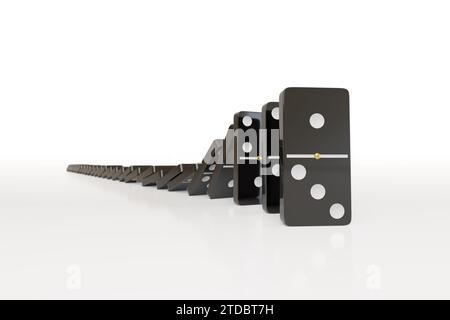 Black domino pieces falling in chain reaction. 3D illustration. Stock Photo