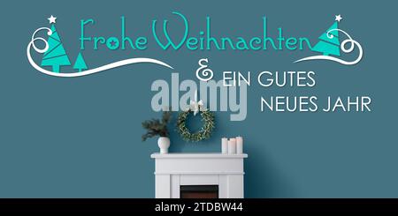 Text FROHE WEIHNACHTEN END GUTES NEUES JAHR (German for Merry Christmas and Happy New Year) and fireplace with mistletoe wreath Stock Photo