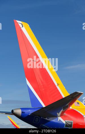 Renton, WA, USA - February 12, 2023; Closeup of painted tail of Southwest Airlines jet Stock Photo