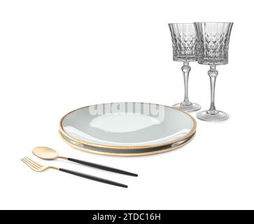 Clean plates, cutlery and glasses on white background Stock Photo