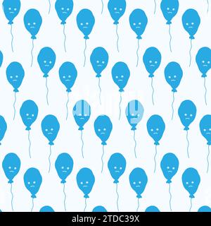 Seamless pattern of blue balloons on a thread with sad smile face in trendy monochrome blue shades. Isolate. EPS. Vector for wrapping, wallpaper, poster, banner, greetings or many other different uses Stock Vector