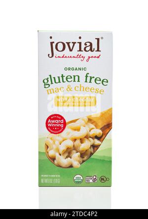 IRVINE, CALIFORNIA - 13 DEC 2023: Jovial Organic Gluten Free Mac and Cheese, white cheddar with brown rice pasta. Stock Photo