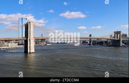 Brooklyn Bridge and Manhattan Bridge over East River, New York, NY Stock Photo