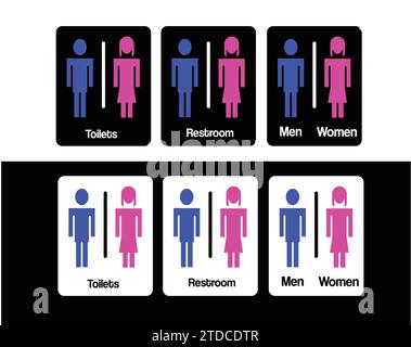 Restroom toilet men and women sign in blue and pink pack set. Vector editable isolated sticker. Stock Vector