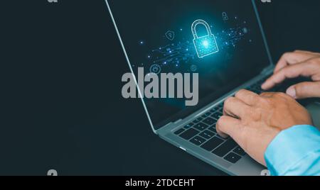 Cyber security and password login concept, Hands uses computer and entering username and password of data network, log in with laptop to digital infor Stock Photo
