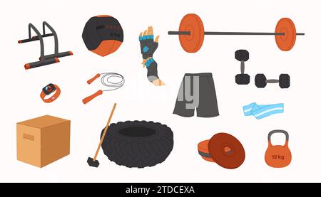 Vector workout objects set. Gym equipment flat design. Collection on sport theme. Ideal for sport guide Stock Vector