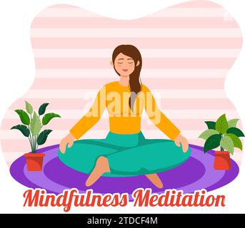 Mindfulness Meditation Vector Illustration of Person with Closed Eyes and Crossed Legs and Relaxation in Yoga Lotus Posture Flat Background Stock Vector