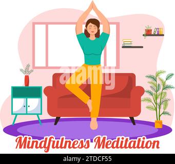 Mindfulness Meditation Vector Illustration of Person with Closed Eyes and Crossed Legs and Relaxation in Yoga Lotus Posture Flat Background Stock Vector