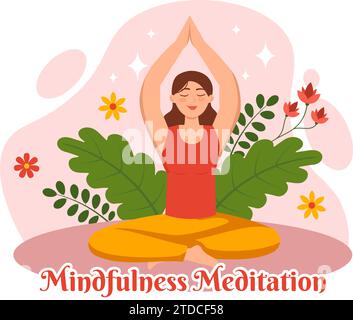 Mindfulness Meditation Vector Illustration of Person with Closed Eyes and Crossed Legs and Relaxation in Yoga Lotus Posture Flat Background Stock Vector