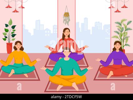 Mindfulness Meditation Vector Illustration of Person with Closed Eyes and Crossed Legs and Relaxation in Yoga Lotus Posture Flat Background Stock Vector
